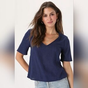 Lulus Naturally Gorgeous Navy Blue Linen Short Sleeve Top